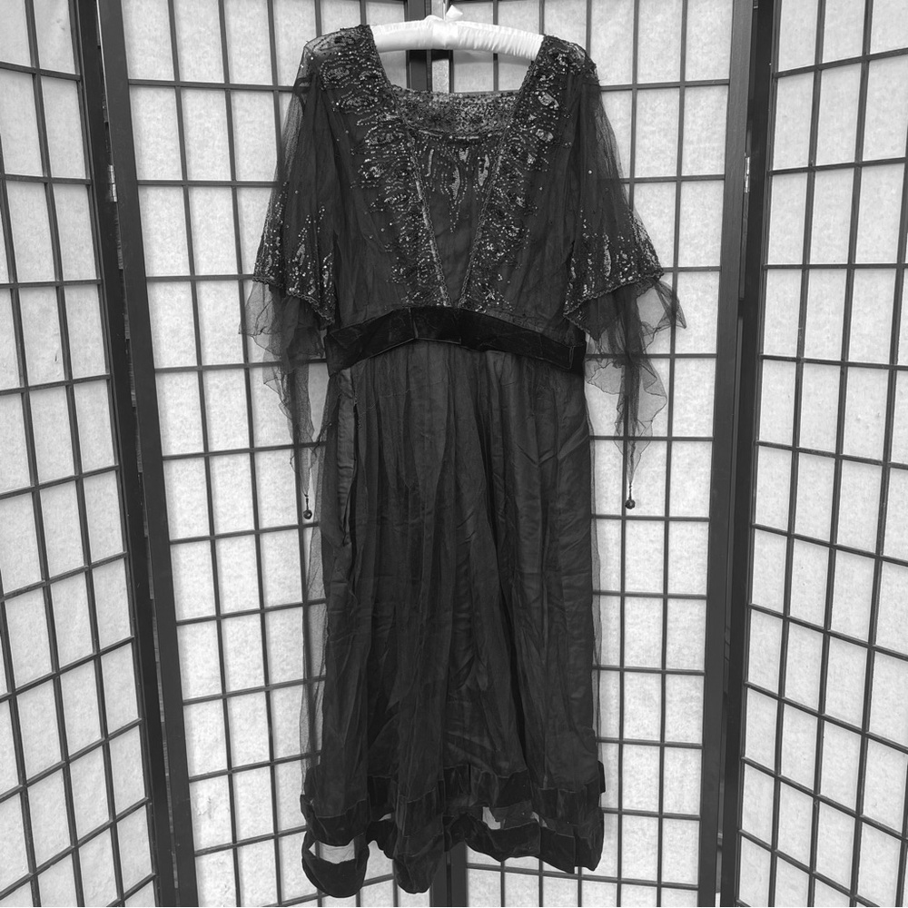 Antique 1910s Black Silk Tulle Beaded Sequin Edwardian Mourning Gibson Girl Gown - Picture 2 of 16